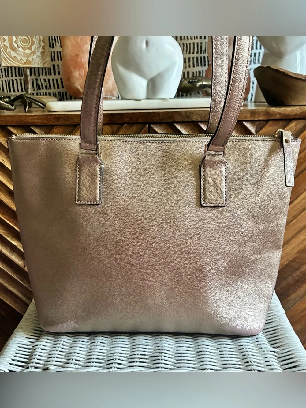 Kate Spade Metallic Rose Gold Zipper Tote Bag